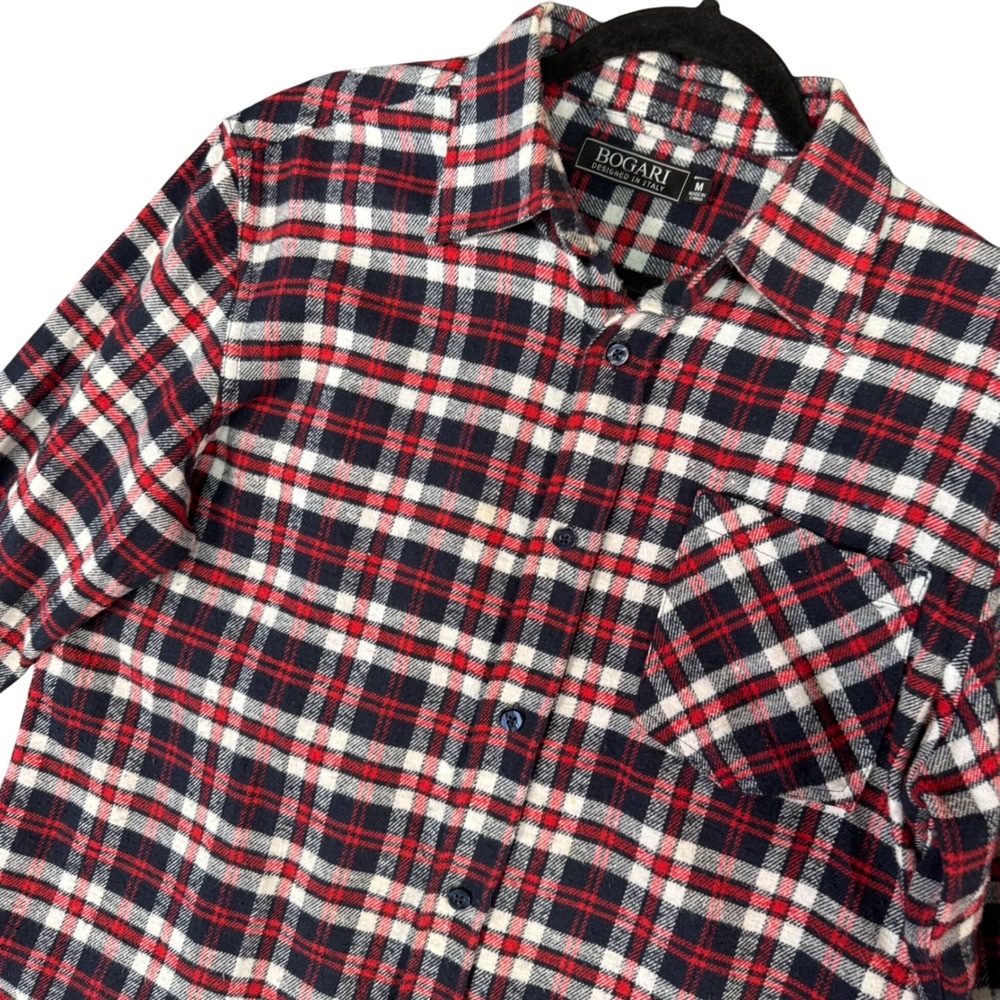 Men Red Navy Plaid Button Down Shirt M Lumberjack Rustic Outdoor Americana Cabin